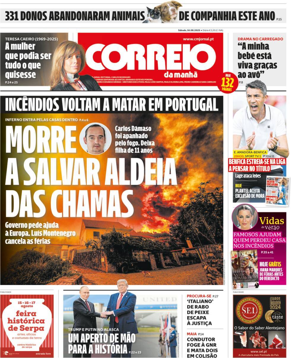 Correio da Manh&atilde;: Capa da Edi&ccedil;&atilde;o de s&aacute;bado, 16 de agosto 2025