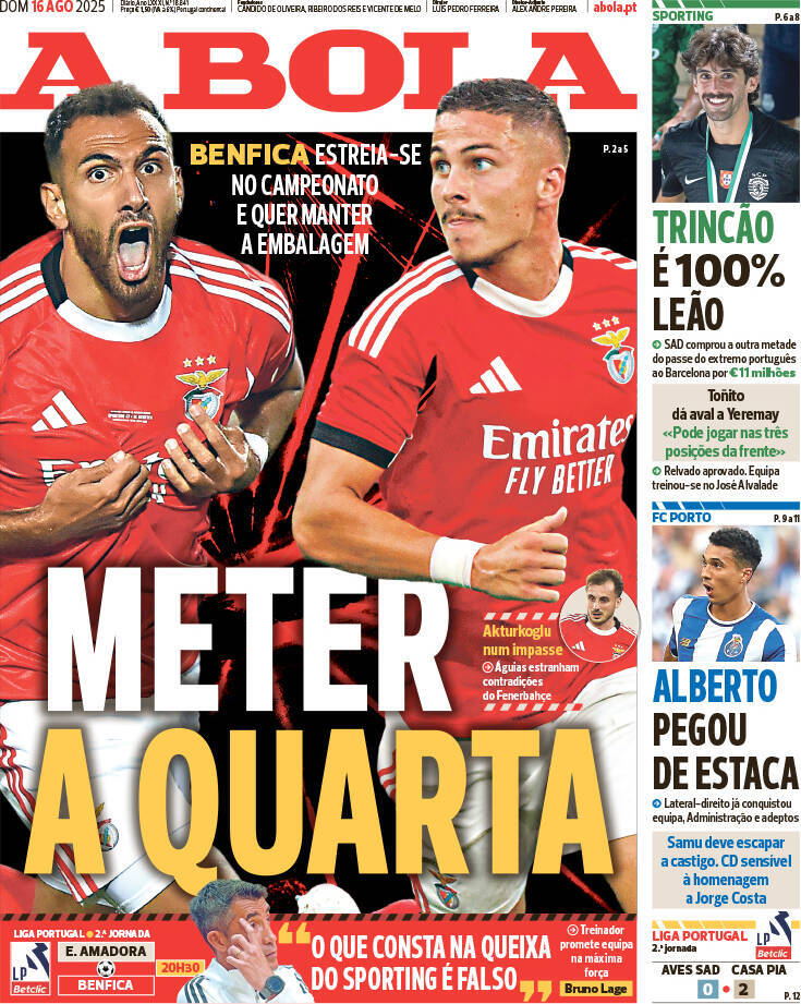 A Bola: Capa da Edi&ccedil;&atilde;o de s&aacute;bado, 16 de agosto 2025