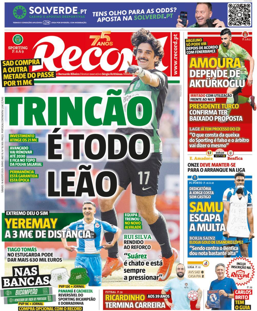 Record: Capa da Edi&ccedil;&atilde;o de s&aacute;bado, 16 de agosto 2025