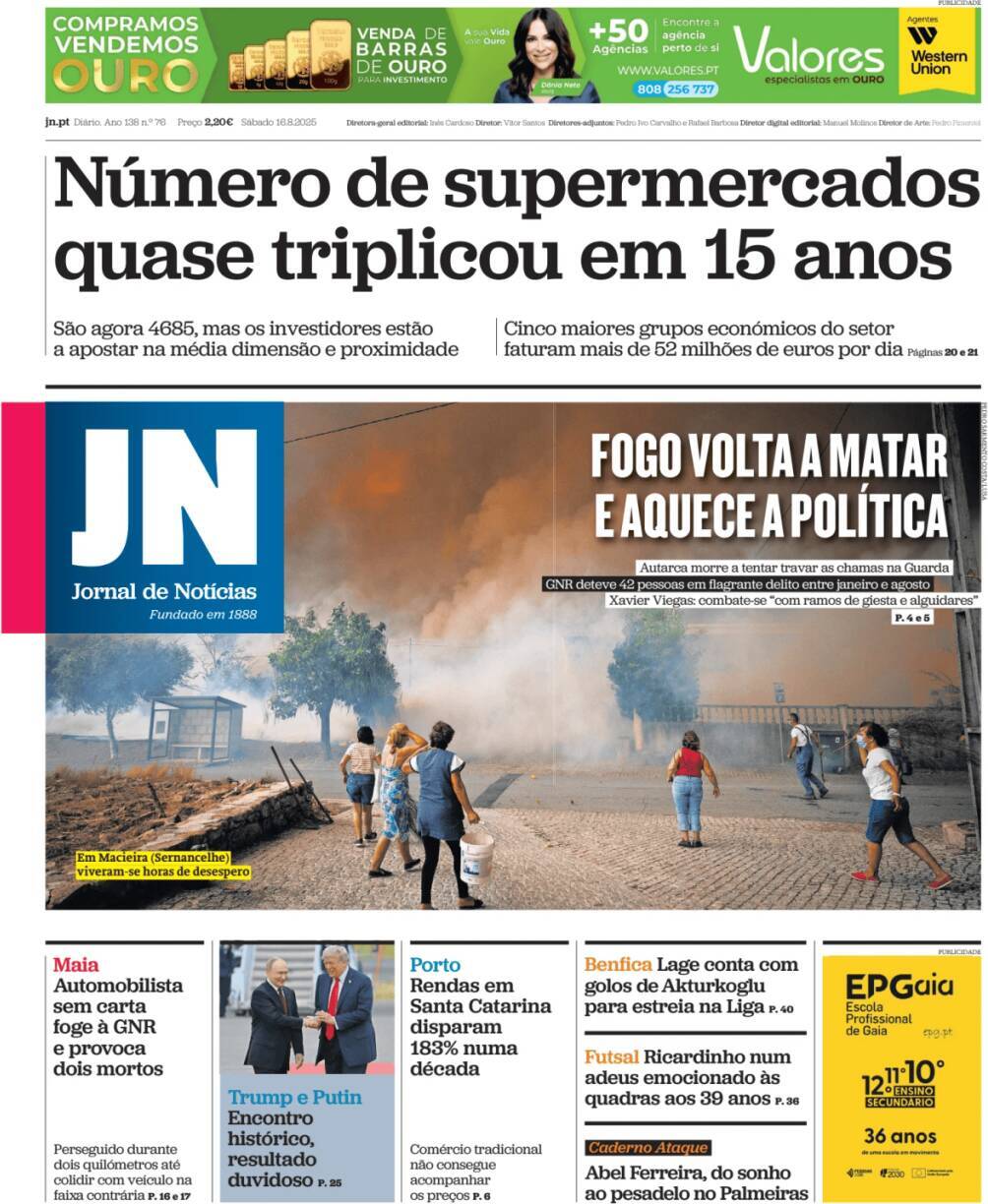 Jornal de Not&iacute;cias: Capa da Edi&ccedil;&atilde;o de s&aacute;bado, 16 de agosto 2025