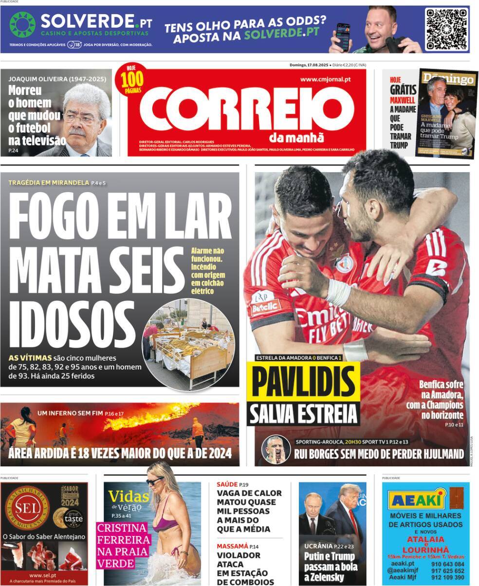 Correio da Manh&atilde;: Capa da Edi&ccedil;&atilde;o de domingo, 17 de agosto 2025