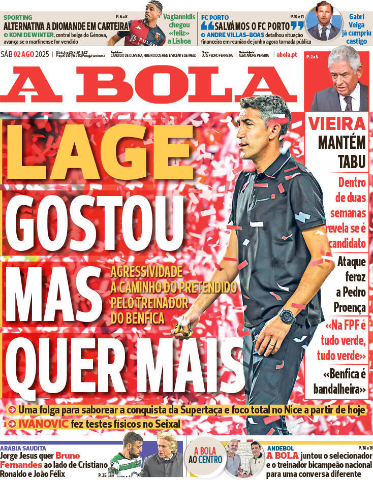 A Bola: Capa da Edi&ccedil;&atilde;o de s&aacute;bado, 02 de agosto 2025