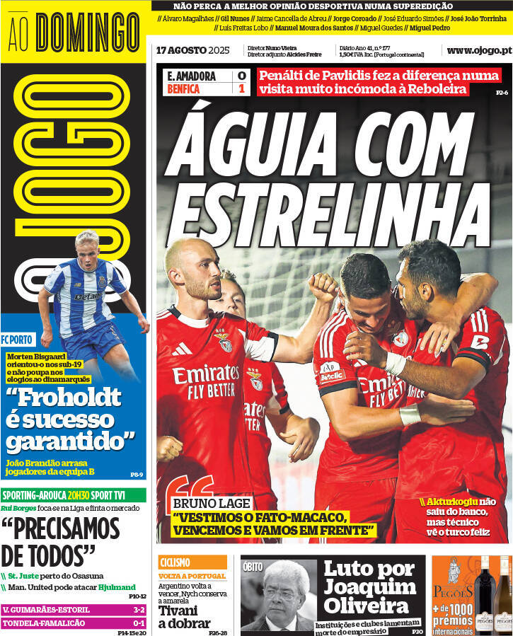 O Jogo: Capa da Edi&ccedil;&atilde;o de domingo, 17 de agosto 2025