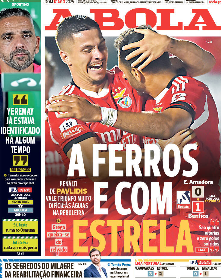 A Bola: Capa da Edi&ccedil;&atilde;o de domingo, 17 de agosto 2025