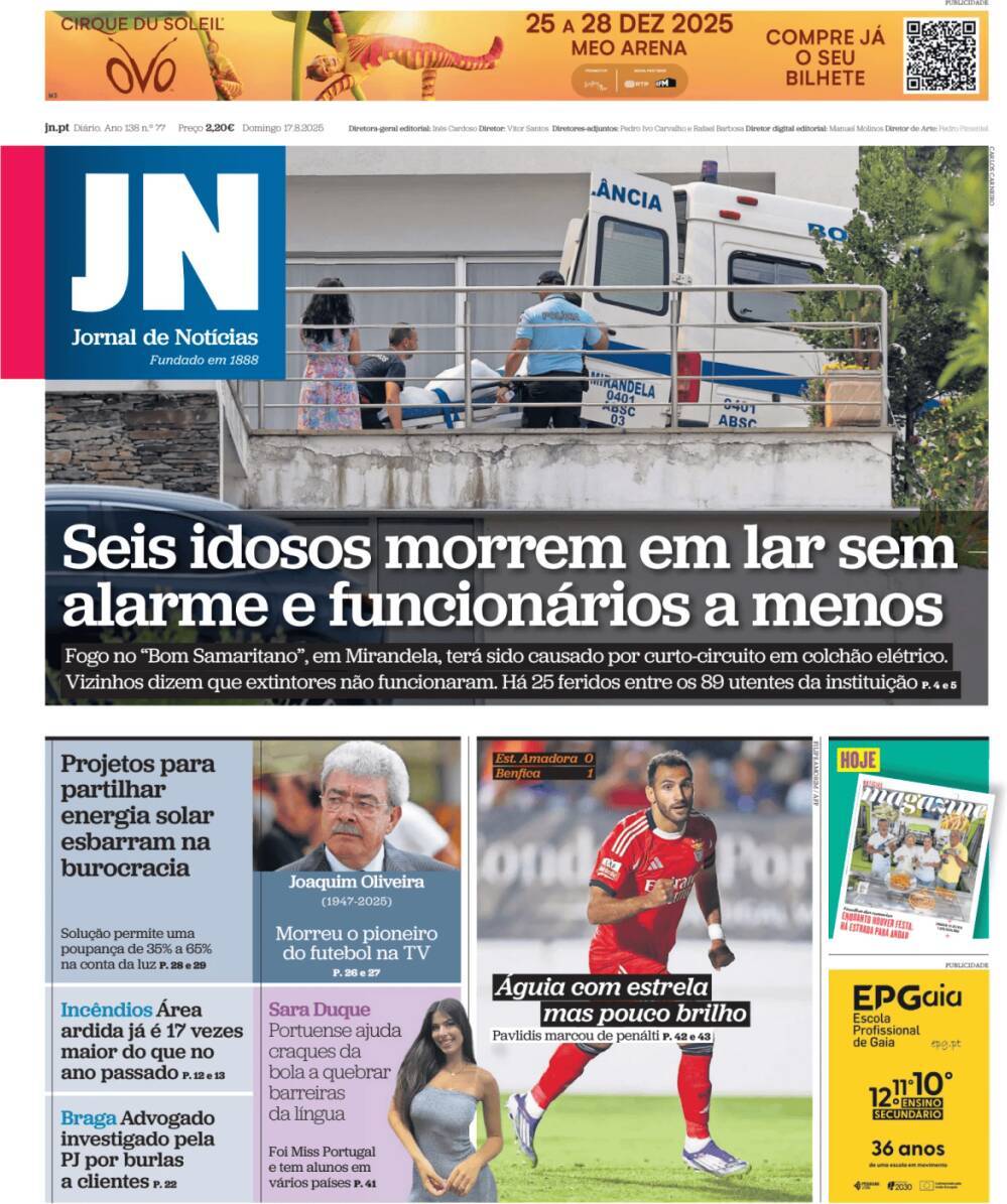 Jornal de Not&iacute;cias: Capa da Edi&ccedil;&atilde;o de domingo, 17 de agosto 2025
