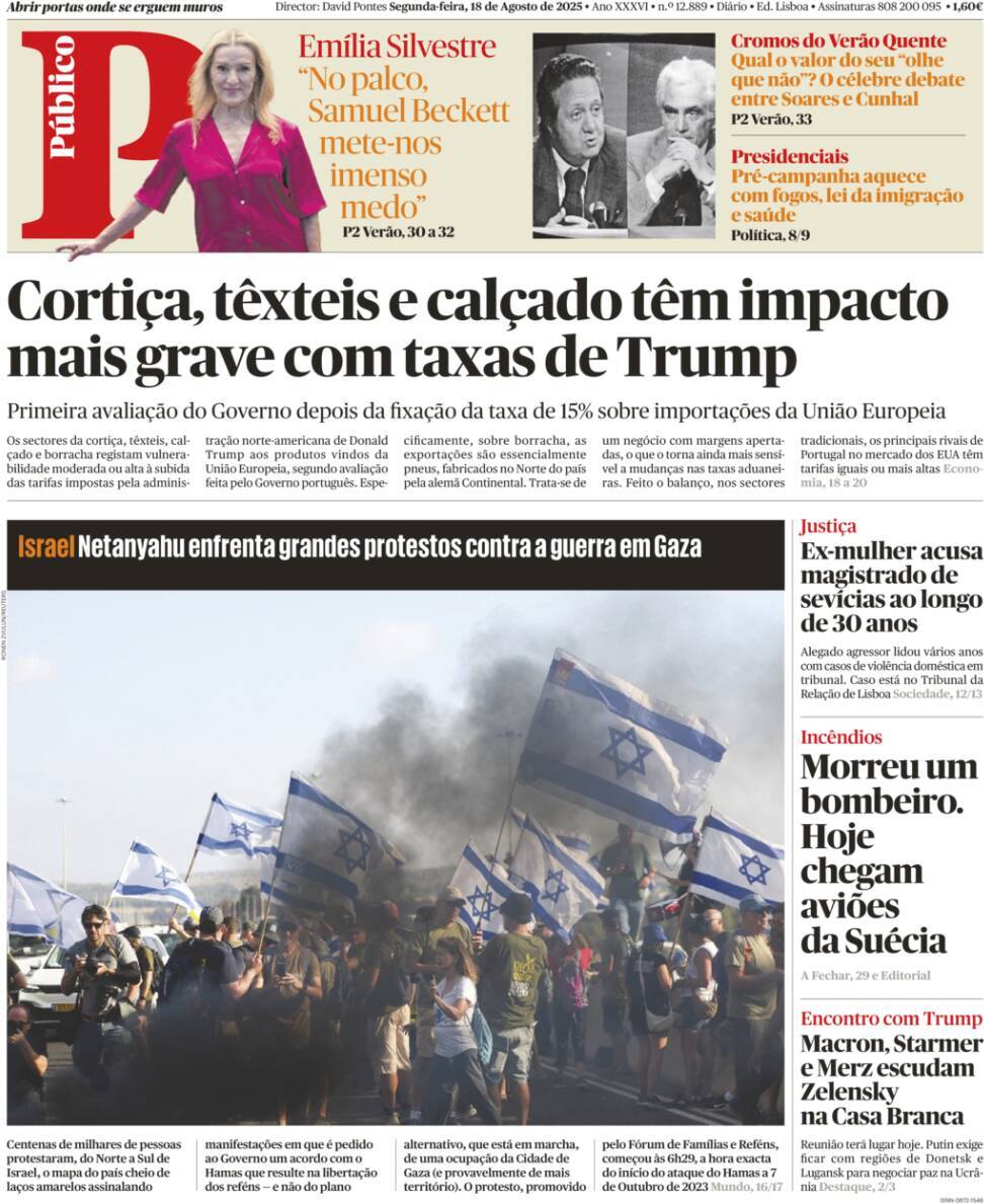 P&uacute;blico: Capa da Edi&ccedil;&atilde;o de segunda-feira, 18 de agosto 2025