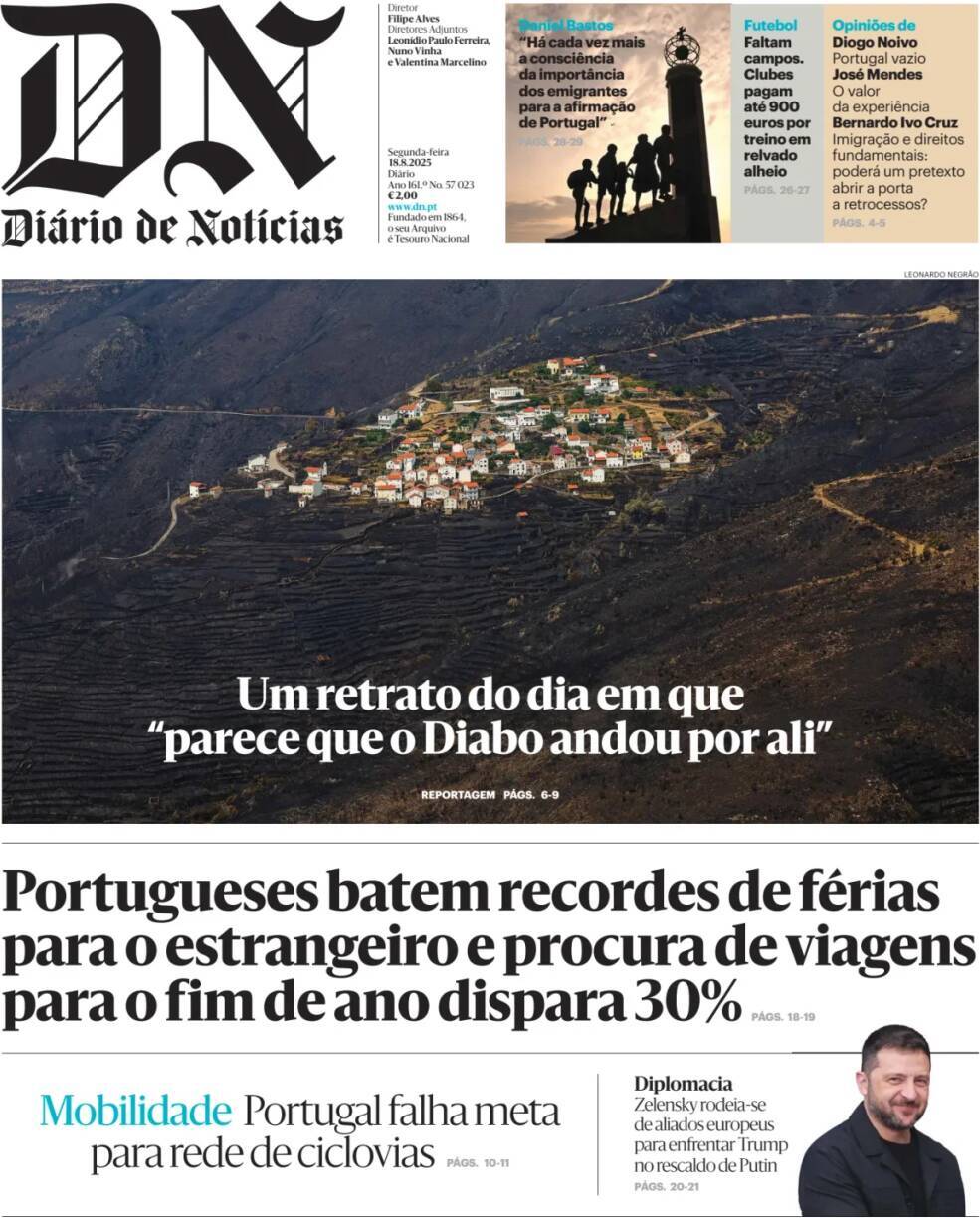Di&aacute;rio de Not&iacute;cias: Capa da Edi&ccedil;&atilde;o de segunda-feira, 18 de agosto 2025