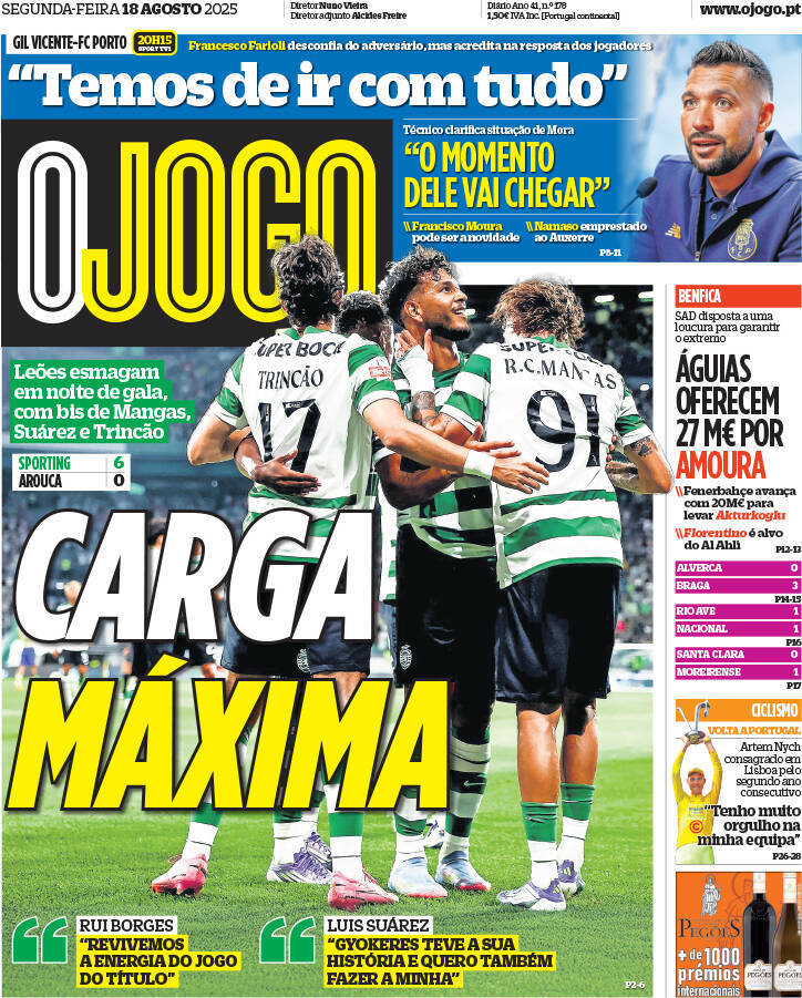 O Jogo: Capa da Edi&ccedil;&atilde;o de segunda-feira, 18 de agosto 2025
