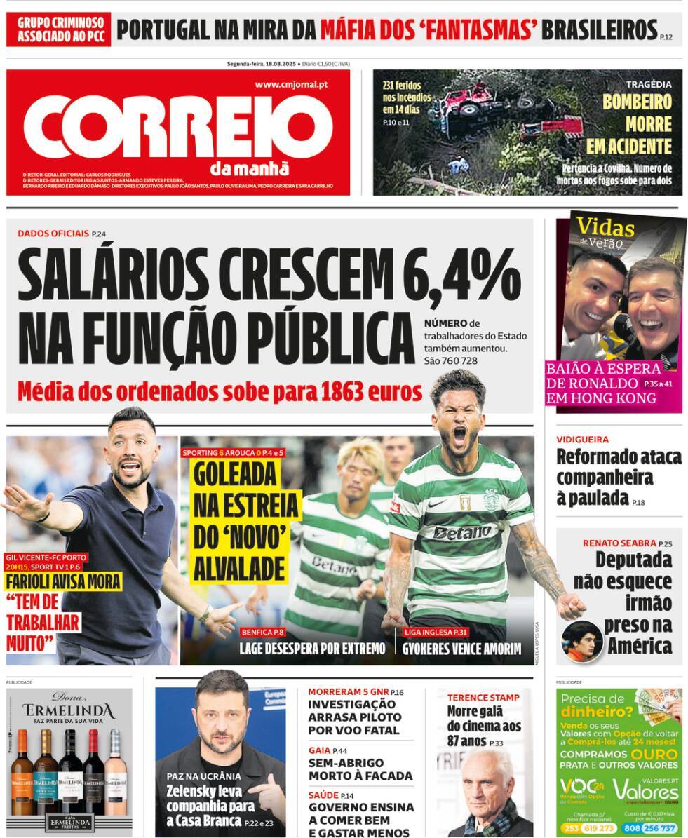 Correio da Manh&atilde;: Capa da Edi&ccedil;&atilde;o de segunda-feira, 18 de agosto 2025