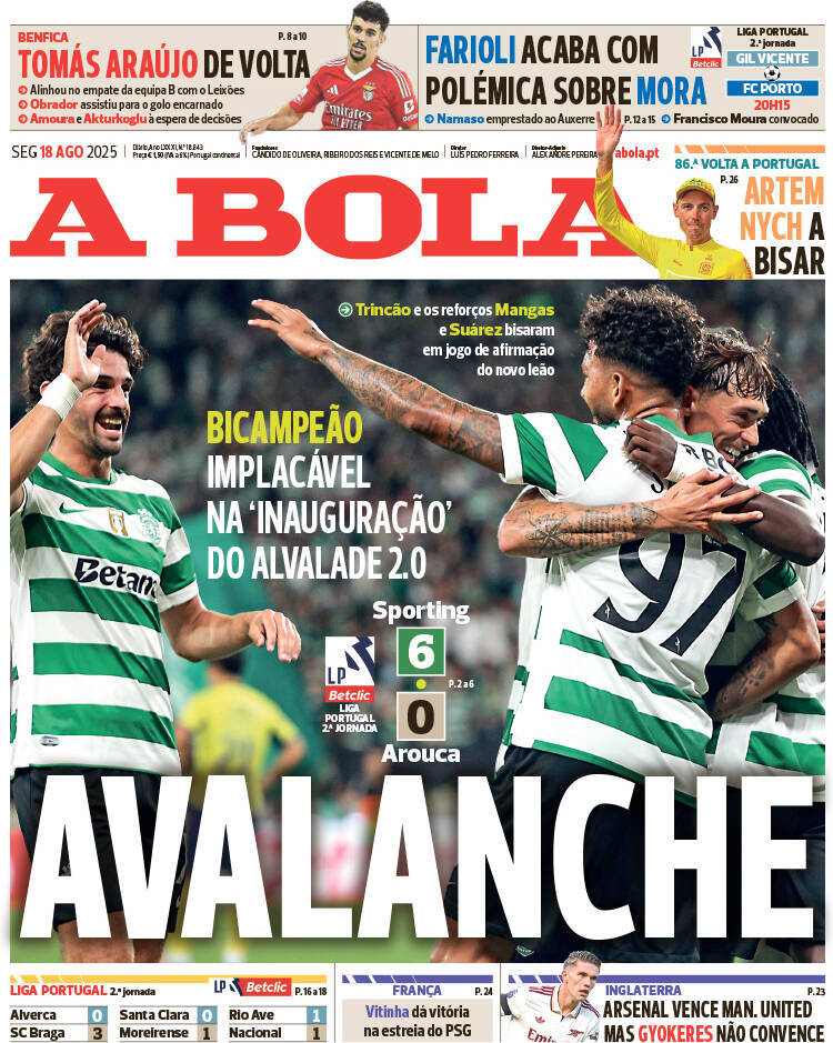 A Bola: Capa da Edi&ccedil;&atilde;o de segunda-feira, 18 de agosto 2025