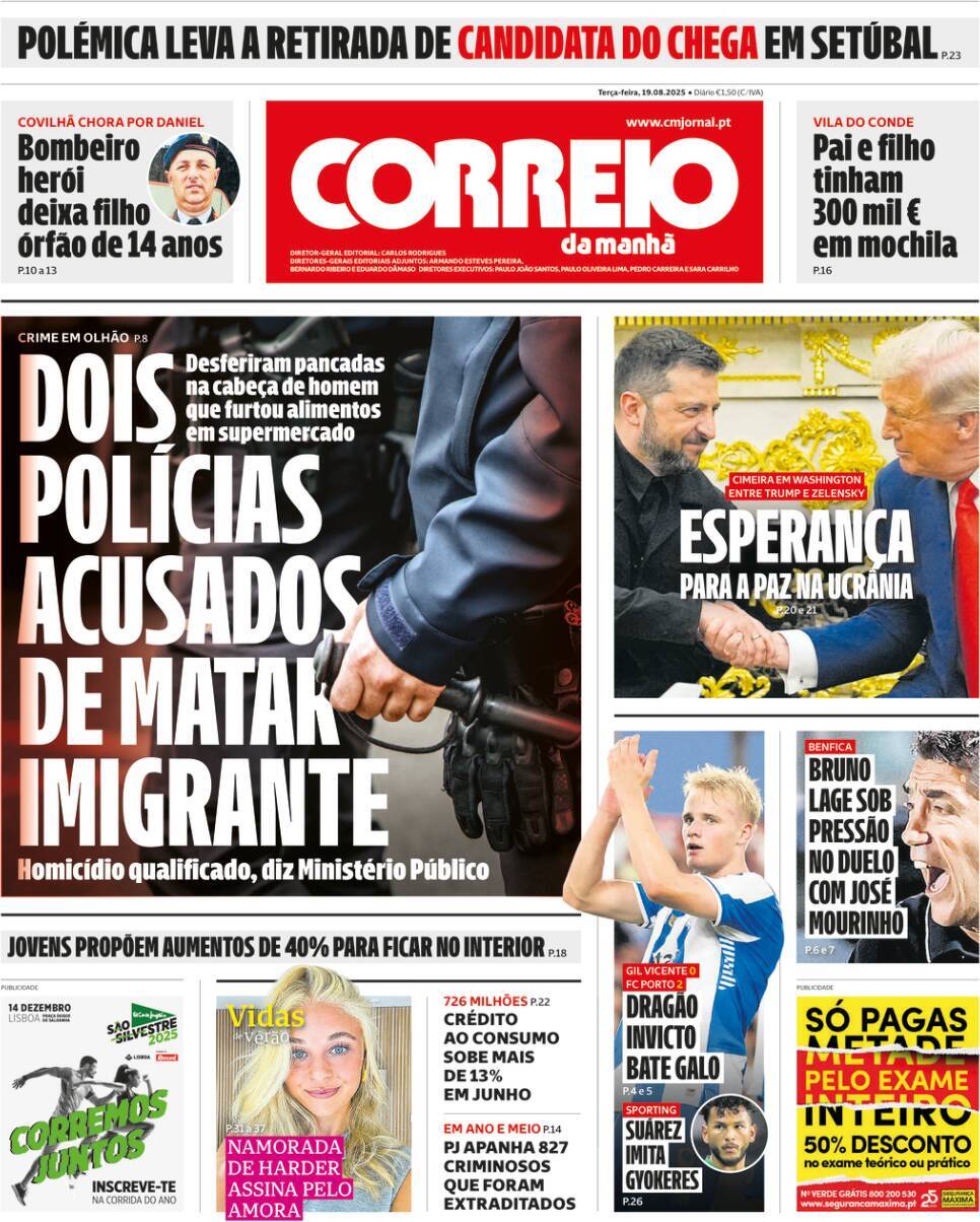 Correio da Manh&atilde;: Capa da Edi&ccedil;&atilde;o de ter&ccedil;a-feira, 19 de agosto 2025