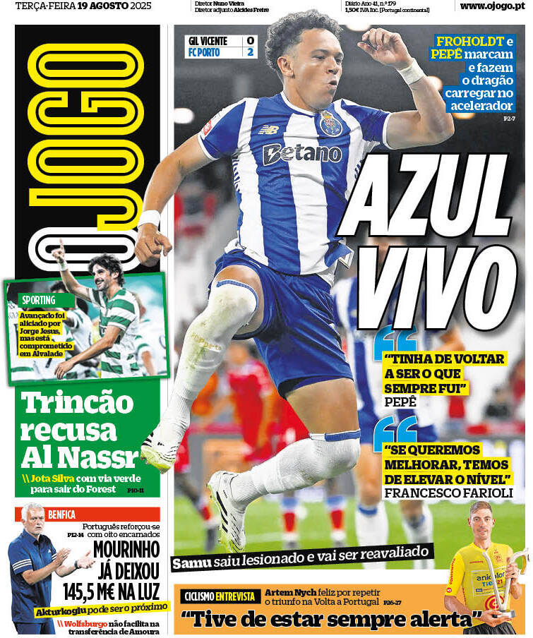 O Jogo: Capa da Edi&ccedil;&atilde;o de ter&ccedil;a-feira, 19 de agosto 2025