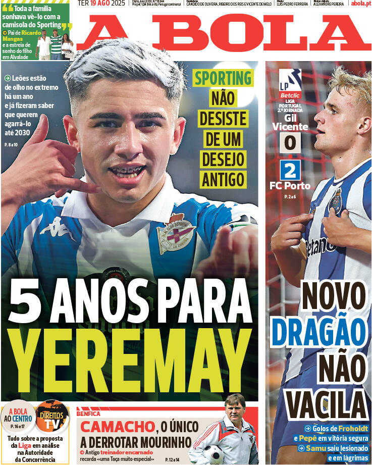 A Bola: Capa da Edi&ccedil;&atilde;o de ter&ccedil;a-feira, 19 de agosto 2025