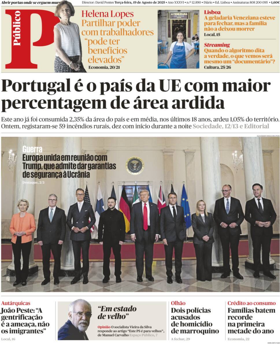 P&uacute;blico: Capa da Edi&ccedil;&atilde;o de ter&ccedil;a-feira, 19 de agosto 2025