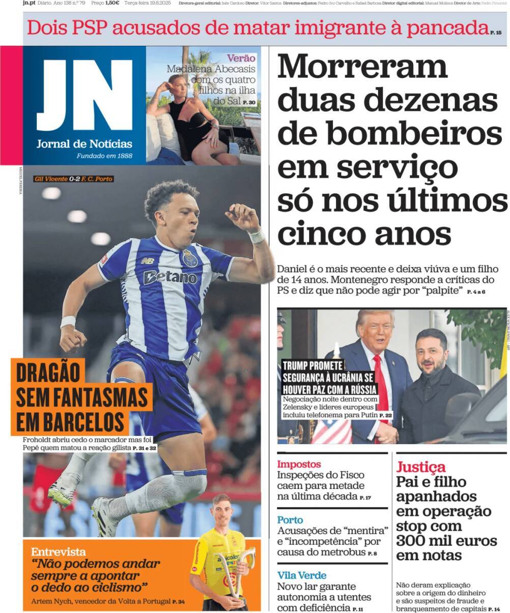 Jornal de Not&iacute;cias: Capa da Edi&ccedil;&atilde;o de ter&ccedil;a-feira, 19 de agosto 2025