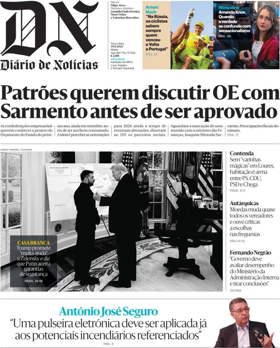 Di&aacute;rio de Not&iacute;cias: Capa da Edi&ccedil;&atilde;o de ter&ccedil;a-feira, 19 de agosto 2025