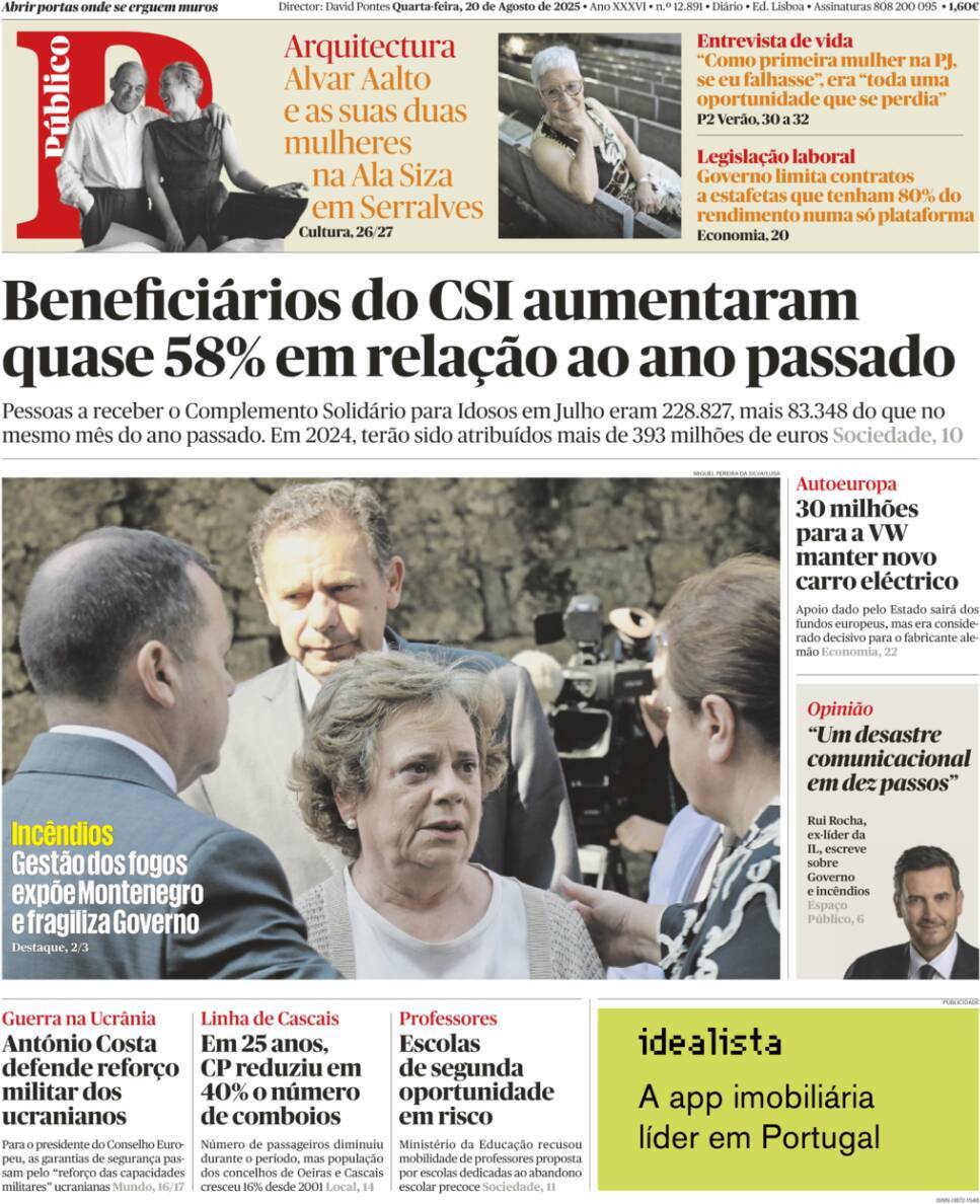 Jornal de Not&iacute;cias: Capa da Edi&ccedil;&atilde;o de quarta-feira, 20 de agosto 2025