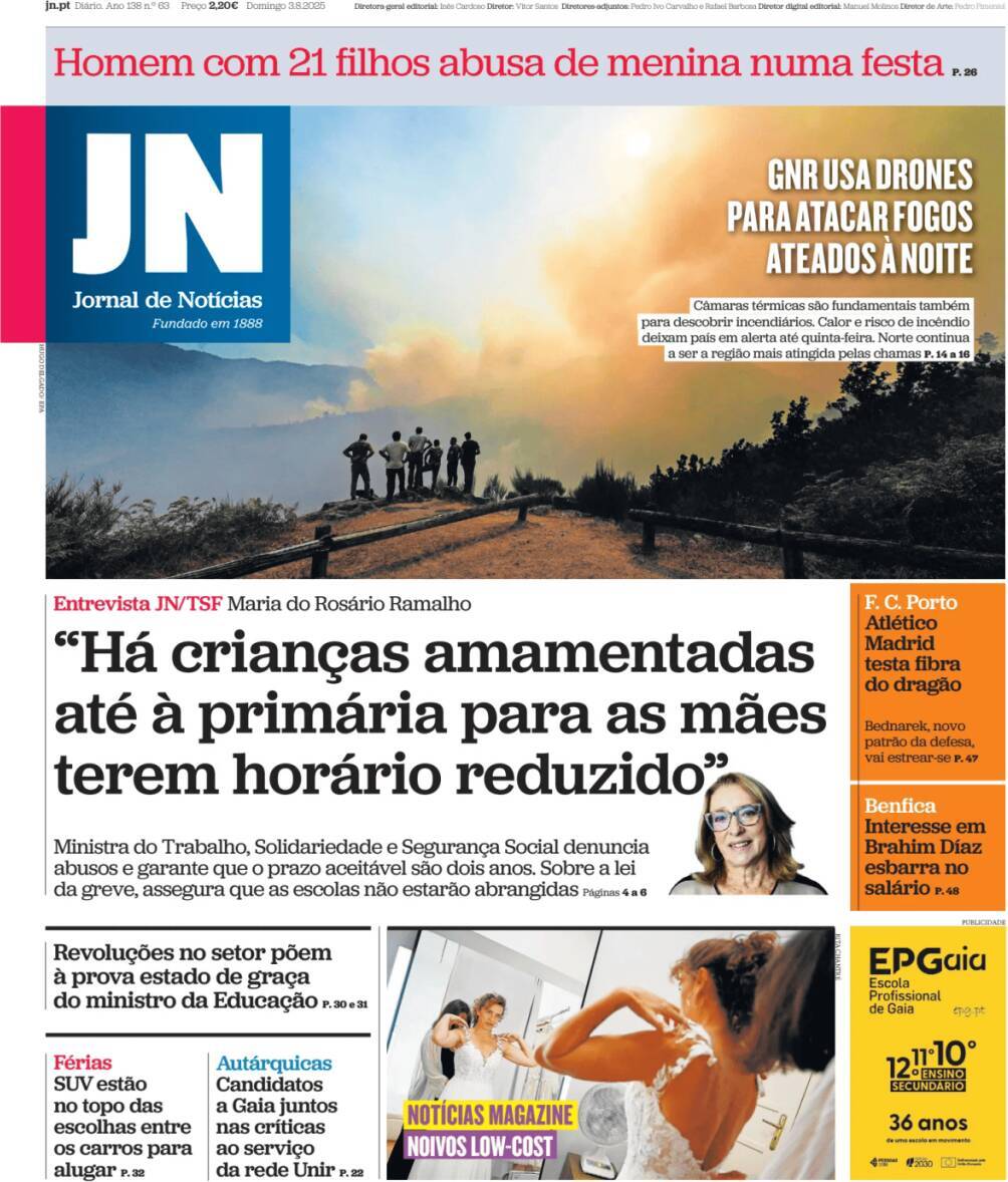 Jornal de Not&iacute;cias: Capa da Edi&ccedil;&atilde;o de domingo, 03 de agosto 2025