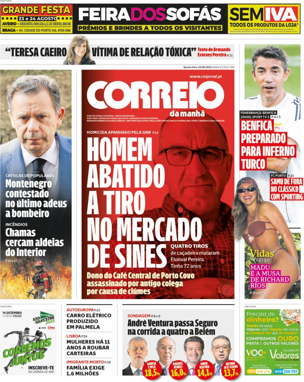 Correio da Manh&atilde;: Capa da Edi&ccedil;&atilde;o de quarta-feira, 20 de agosto 2025