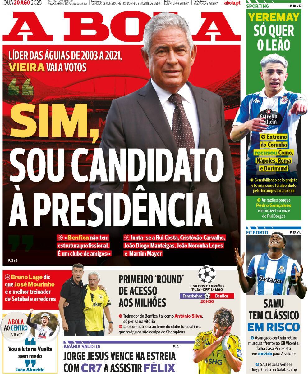 A Bola: Capa da Edi&ccedil;&atilde;o de quarta-feira, 20 de agosto 2025