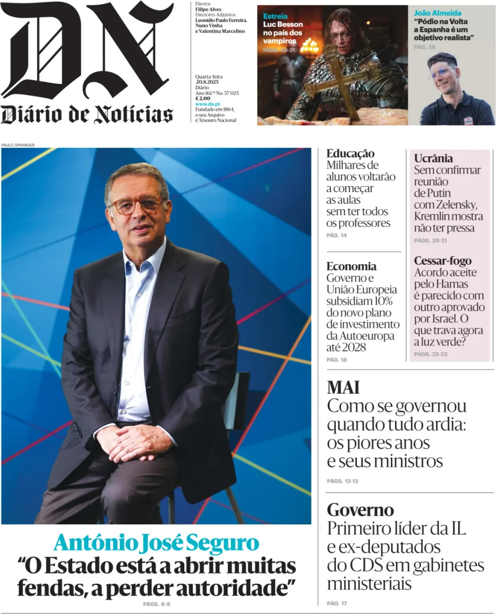 Di&aacute;rio de Not&iacute;cias: Capa da Edi&ccedil;&atilde;o de quarta-feira, 20 de agosto 2025