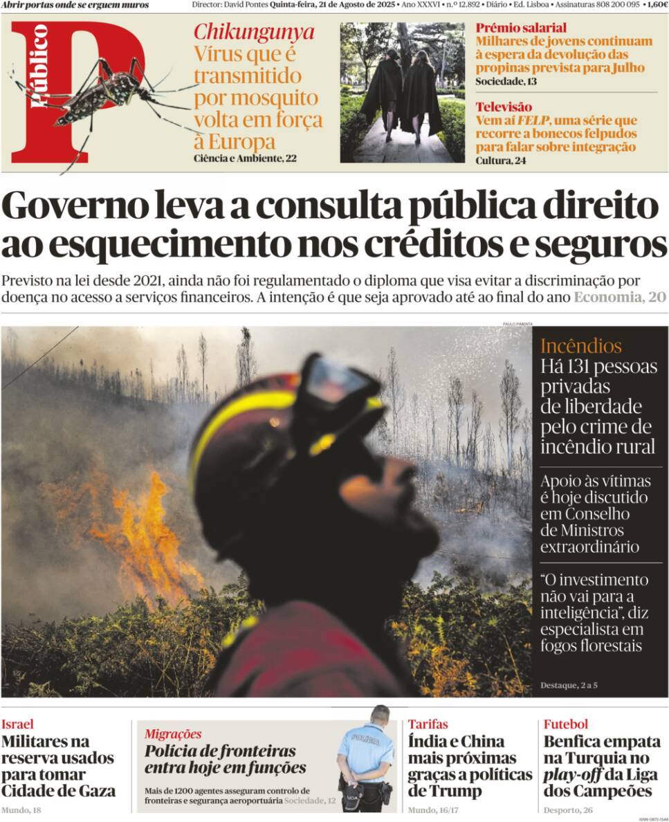 P&uacute;blico: Capa da Edi&ccedil;&atilde;o de quinta-feira, 21 de agosto 2025