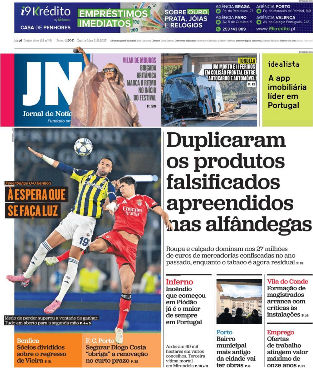 Jornal de Not&iacute;cias: Capa da Edi&ccedil;&atilde;o de quinta-feira, 21 de agosto 2025