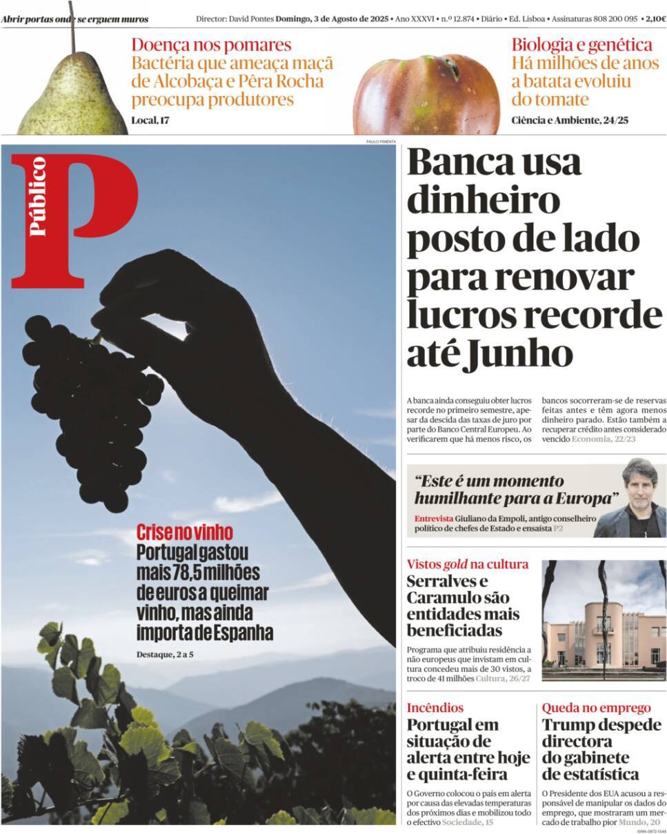 P&uacute;blico: Capa da Edi&ccedil;&atilde;o de domingo, 03 de agosto 2025