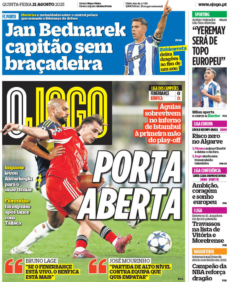 O Jogo: Capa da Edi&ccedil;&atilde;o de quinta-feira, 21 de agosto 2025