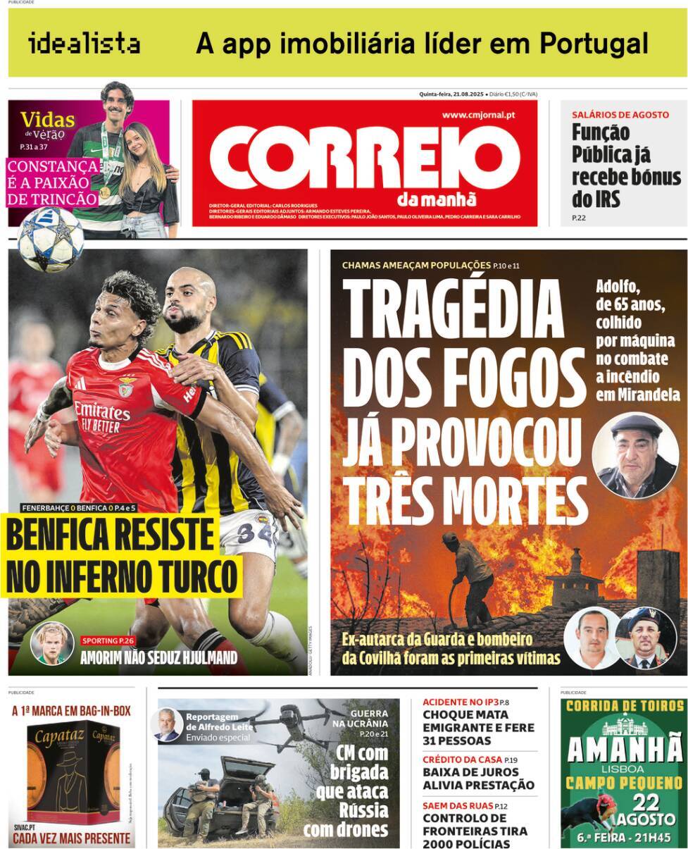 Correio da Manh&atilde;: Capa da Edi&ccedil;&atilde;o de quinta-feira, 21 de agosto 2025