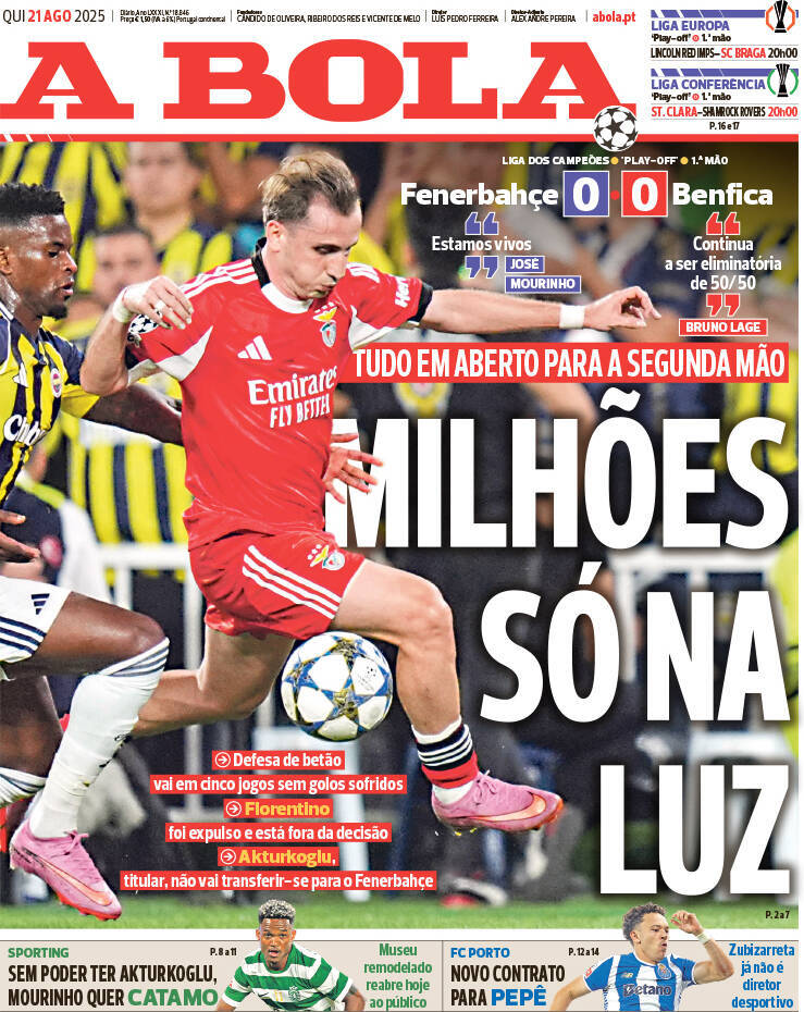 A Bola: Capa da Edi&ccedil;&atilde;o de quinta-feira, 21 de agosto 2025