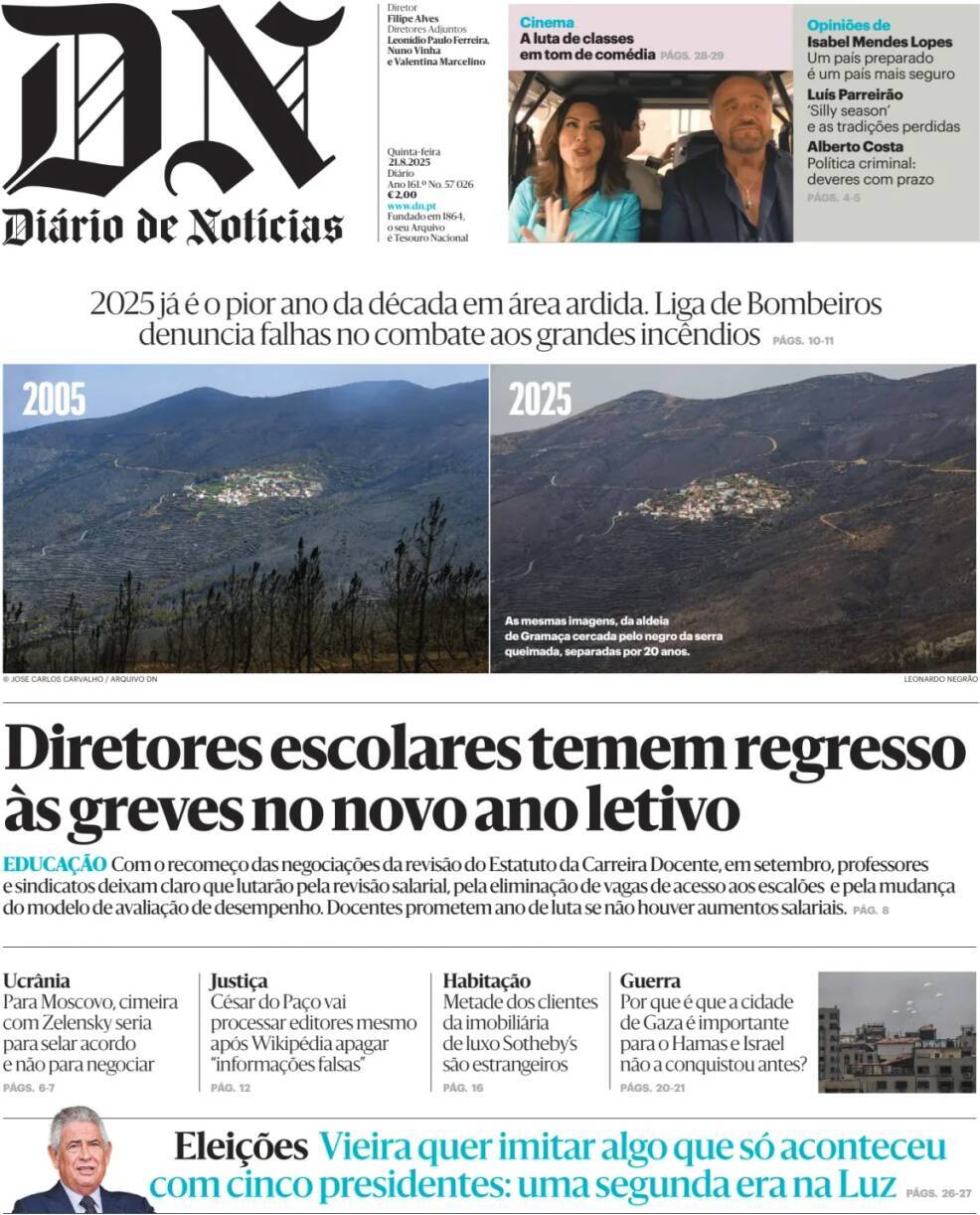 Di&aacute;rio de Not&iacute;cias: Capa da Edi&ccedil;&atilde;o de quinta-feira, 21 de agosto 2025
