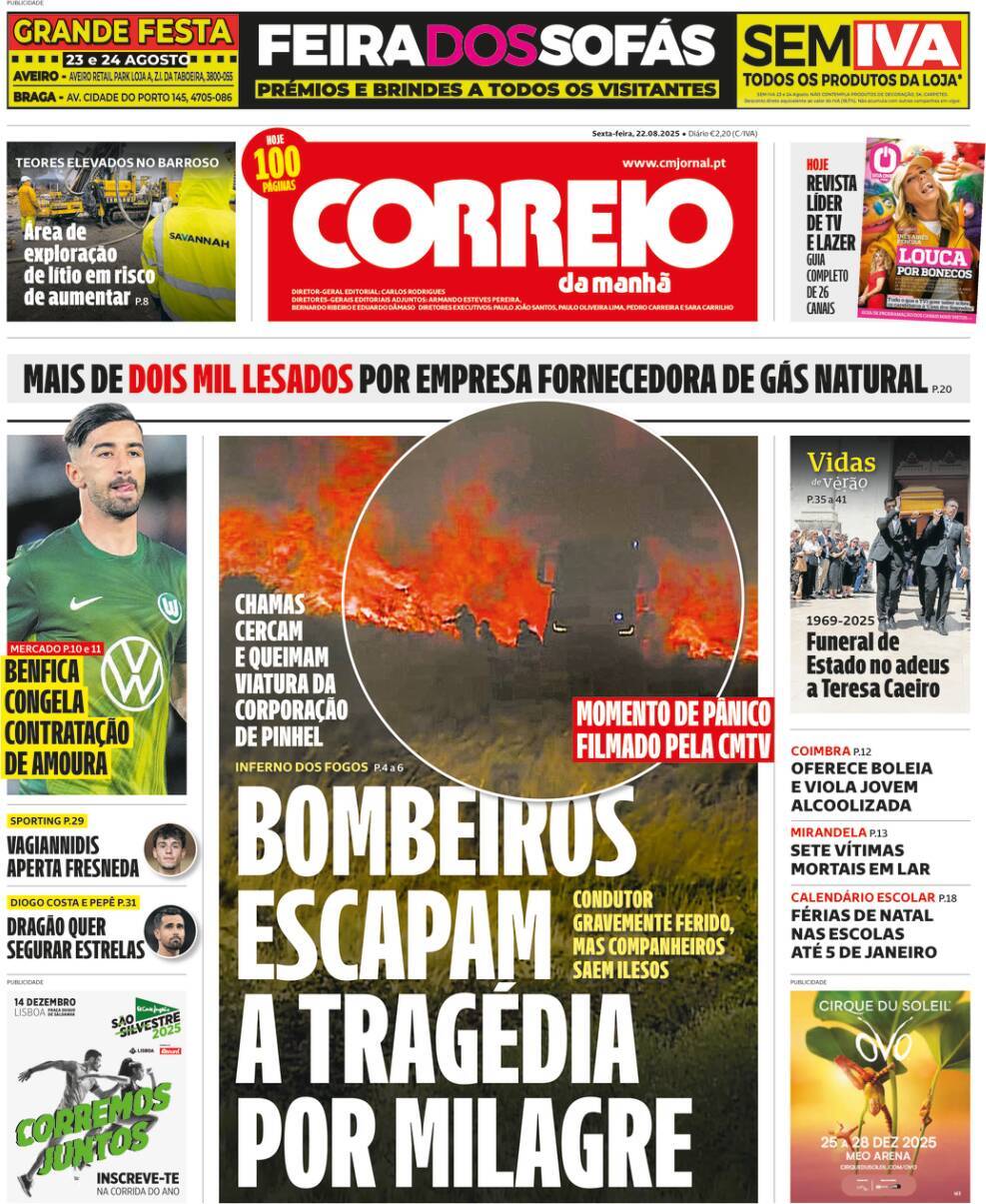 Correio da Manh&atilde;: Capa da Edi&ccedil;&atilde;o de sexta-feira, 22 de agosto 2025