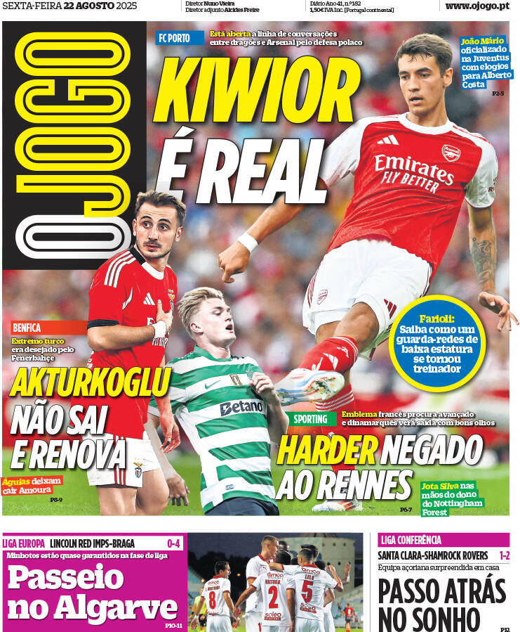 O Jogo: Capa da Edi&ccedil;&atilde;o de sexta-feira, 22 de agosto 2025