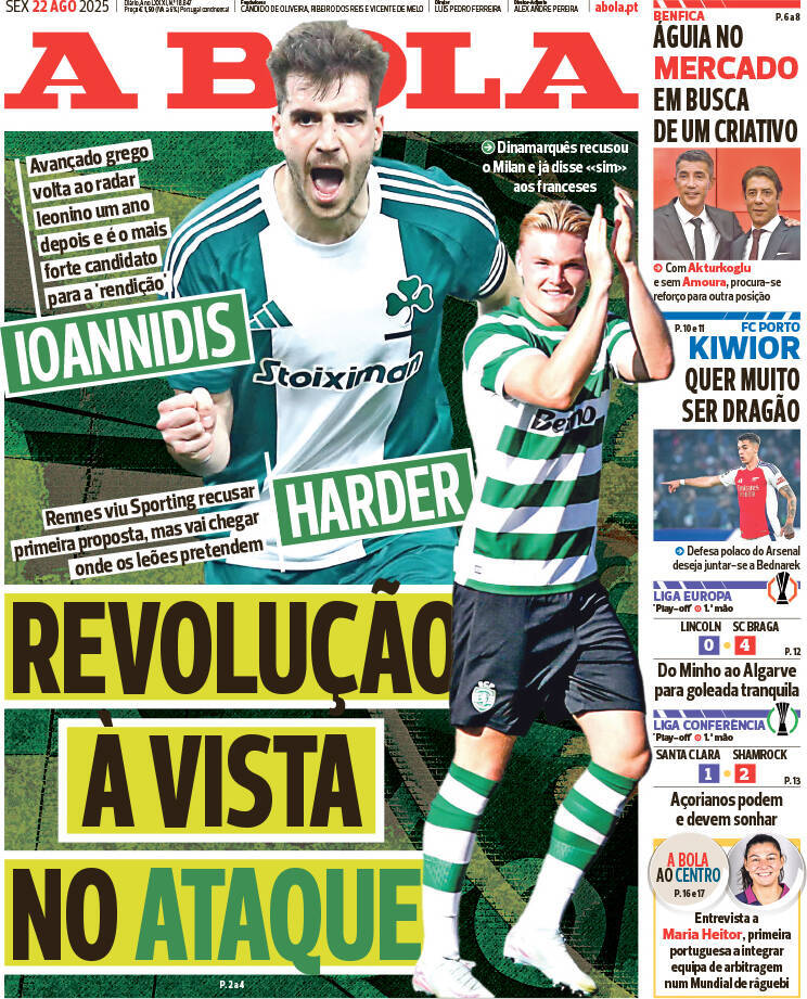 A Bola: Capa da Edi&ccedil;&atilde;o de sexta-feira, 22 de agosto 2025