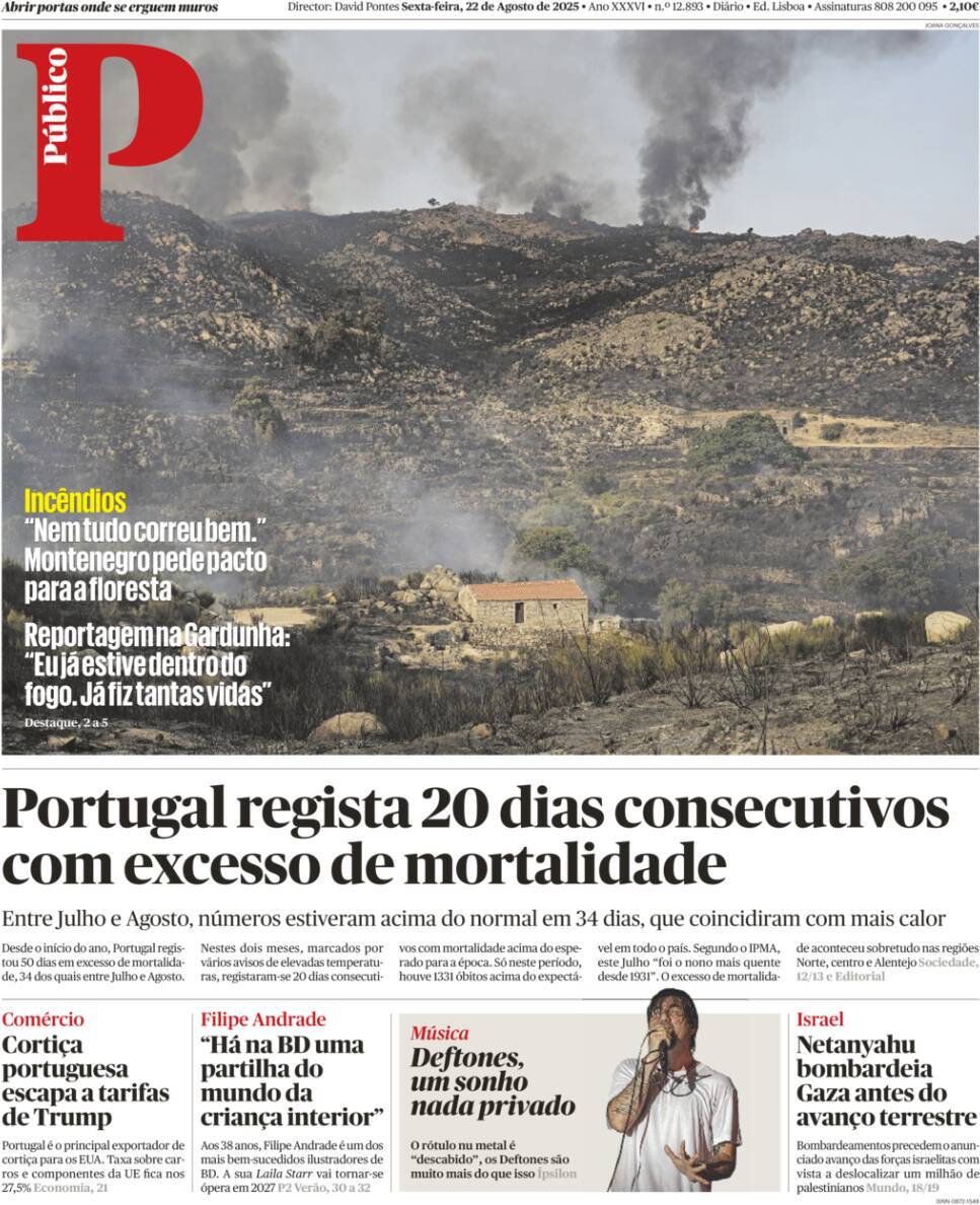 P&uacute;blico: Capa da Edi&ccedil;&atilde;o de sexta-feira, 22 de agosto 2025