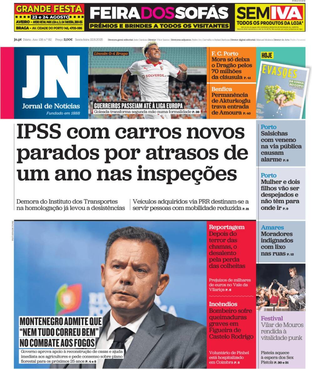 Jornal de Not&iacute;cias: Capa da Edi&ccedil;&atilde;o de sexta-feira, 22 de agosto 2025