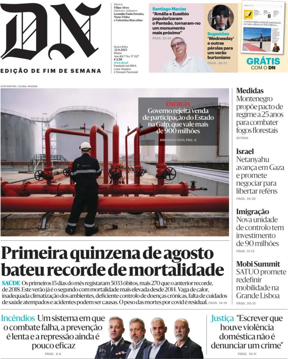 Di&aacute;rio de Not&iacute;cias: Capa da Edi&ccedil;&atilde;o de sexta-feira, 22 de agosto 2025