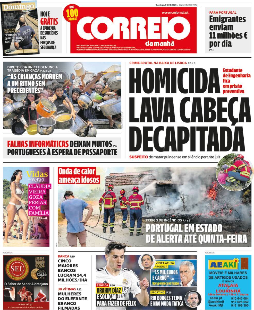 Correio da Manh&atilde;: Capa da Edi&ccedil;&atilde;o de domingo, 03 de agosto 2025