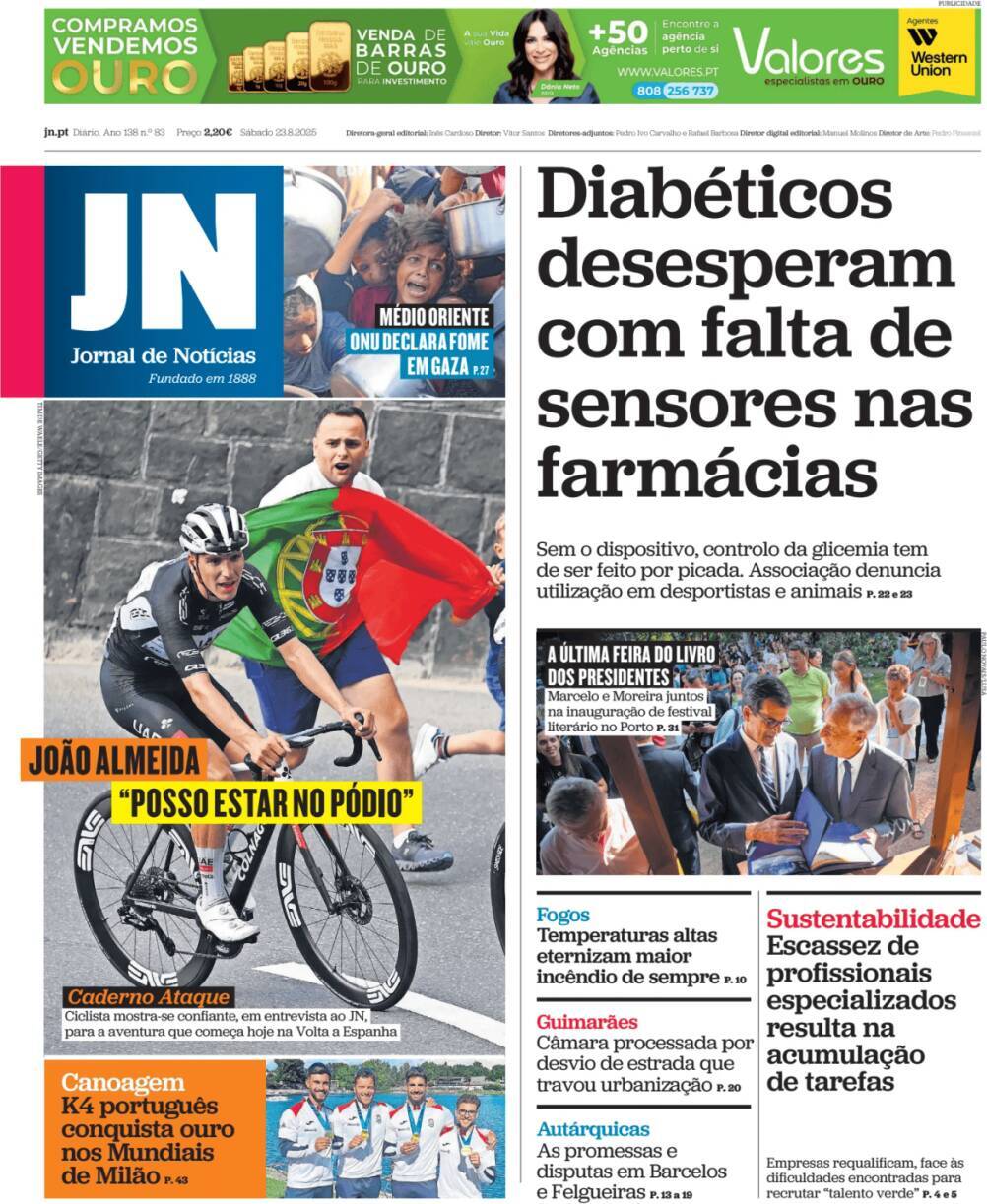 Jornal de Not&iacute;cias: Capa da Edi&ccedil;&atilde;o de s&aacute;bado, 23 de agosto 2025