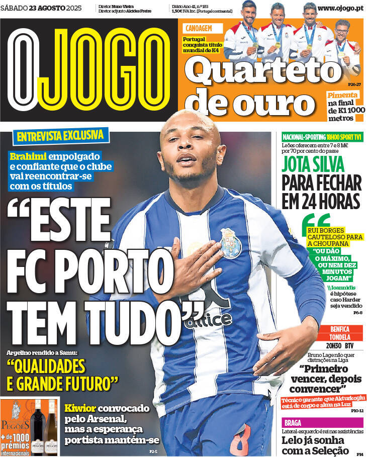 O Jogo: Capa da Edi&ccedil;&atilde;o de s&aacute;bado, 23 de agosto 2025