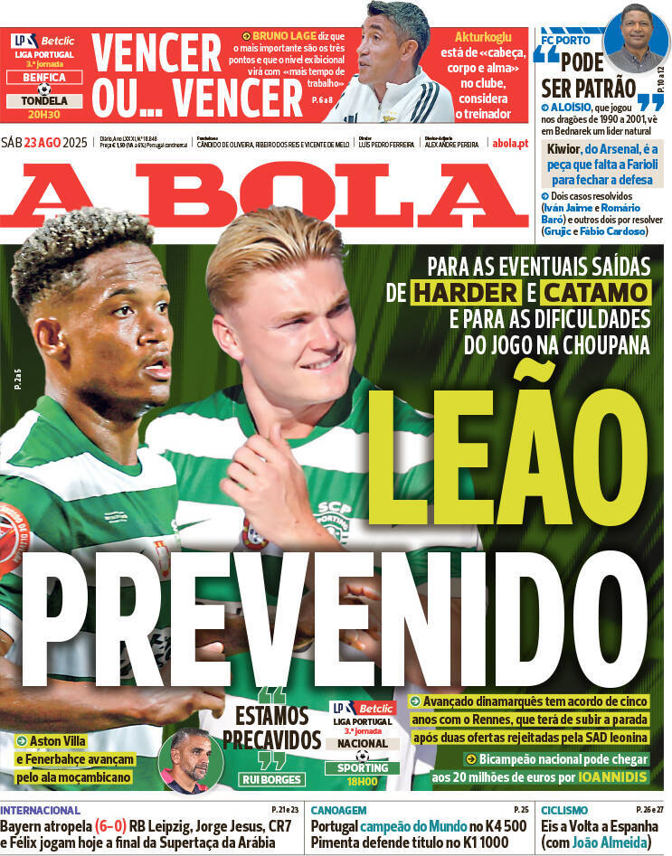 A Bola: Capa da Edi&ccedil;&atilde;o de s&aacute;bado, 23 de agosto 2025