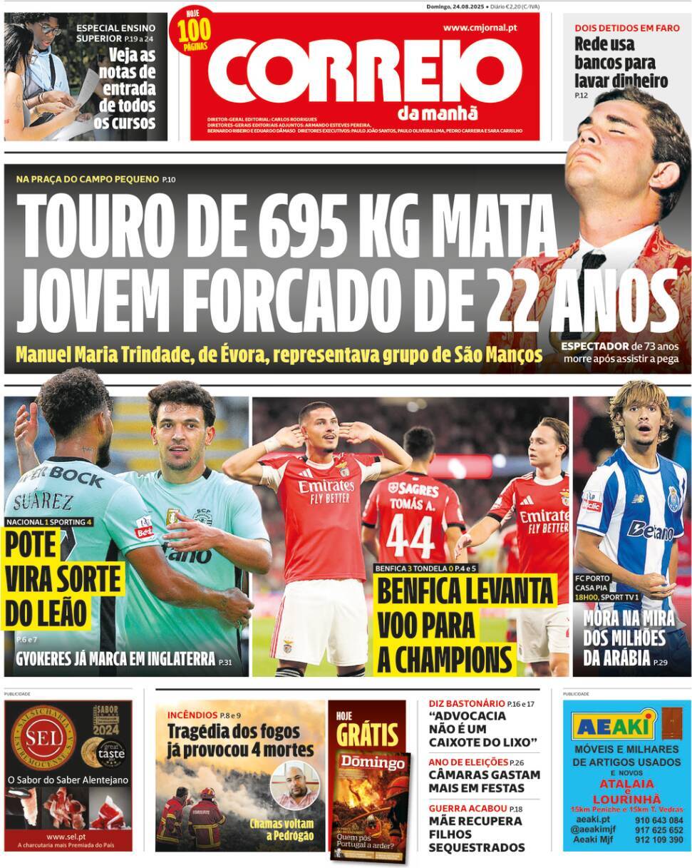 Correio da Manh&atilde;: Capa da Edi&ccedil;&atilde;o de domingo, 24 de agosto 2025