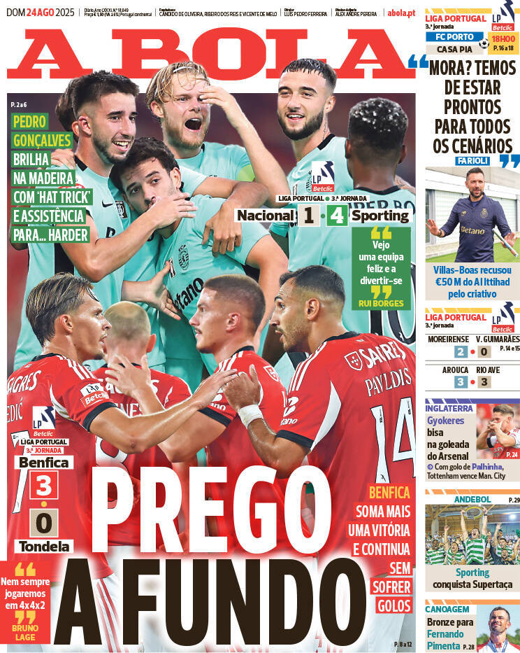 A Bola: Capa da Edi&ccedil;&atilde;o de domingo, 24 de agosto 2025
