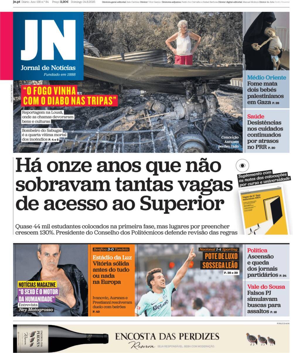 Jornal de Not&iacute;cias: Capa da Edi&ccedil;&atilde;o de domingo, 24 de agosto 2025