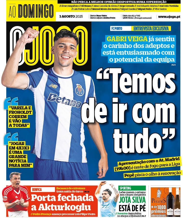 O Jogo: Capa da Edi&ccedil;&atilde;o de domingo, 03 de agosto 2025