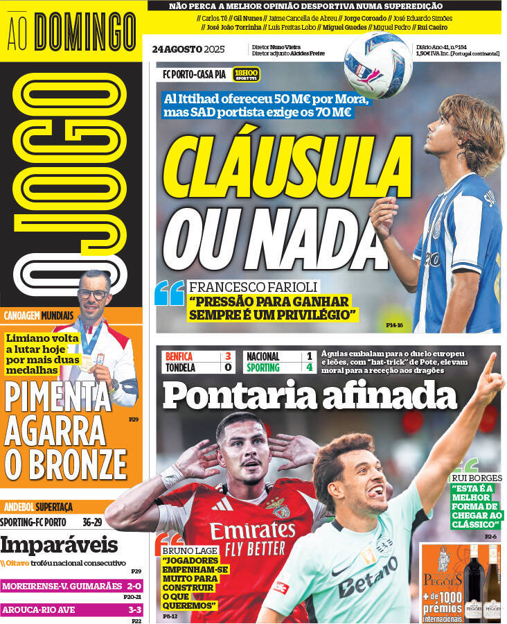 O Jogo: Capa da Edi&ccedil;&atilde;o de domingo, 24 de agosto 2025