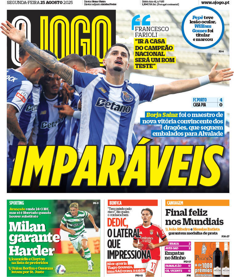 O Jogo: Capa da Edi&ccedil;&atilde;o de segunda-feira, 25 de agosto 2025