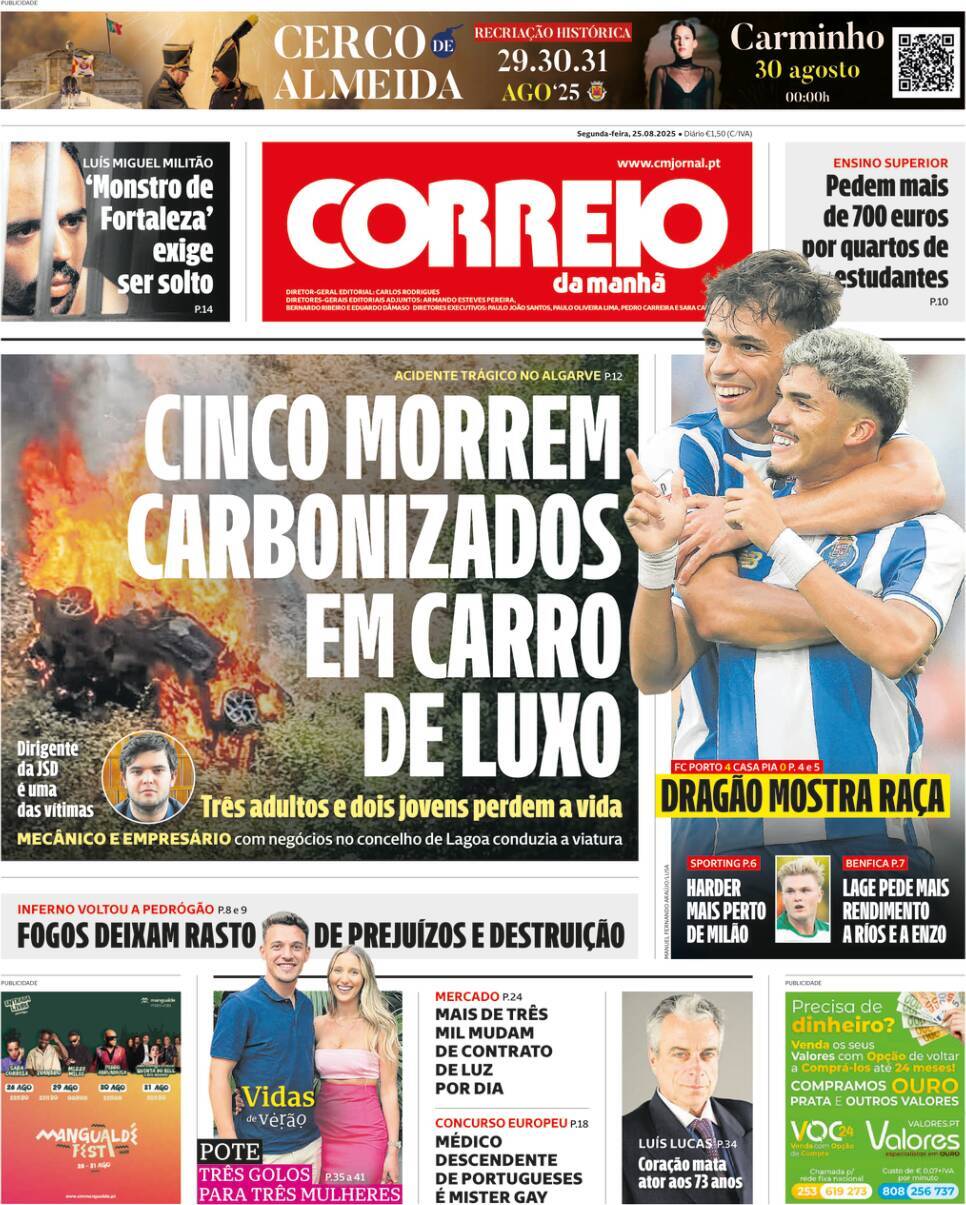 Correio da Manh&atilde;: Capa da Edi&ccedil;&atilde;o de segunda-feira, 25 de agosto 2025