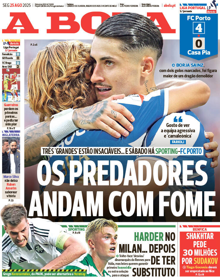 A Bola: Capa da Edi&ccedil;&atilde;o de segunda-feira, 25 de agosto 2025